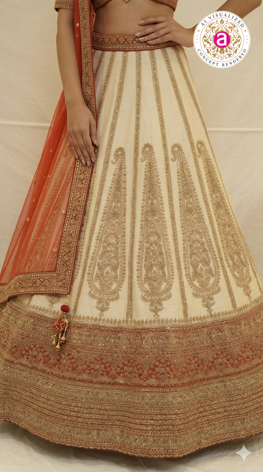 Ivory White & Crimson Red Designer Bridal Lehenga Set with Embroidered Organza Dupatta