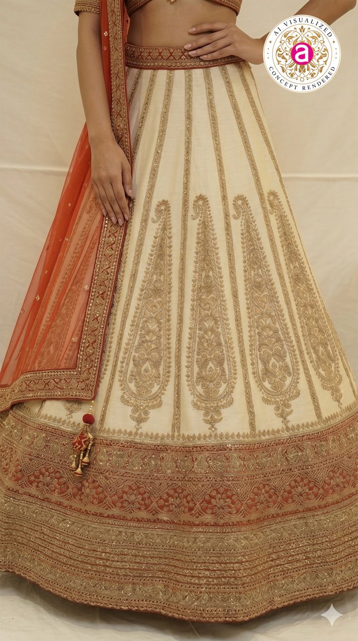 Ivory White & Crimson Red Designer Bridal Lehenga Set with Embroidered Organza Dupatta