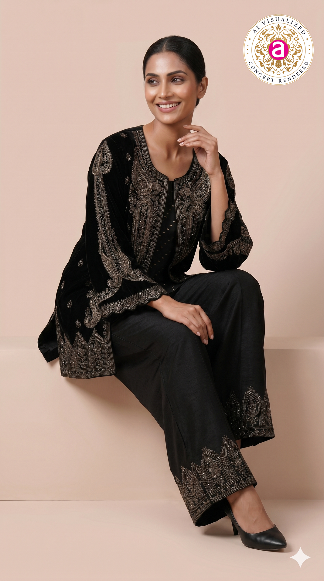 Midnight Black Embroidered Co-Ord Set with Jacket