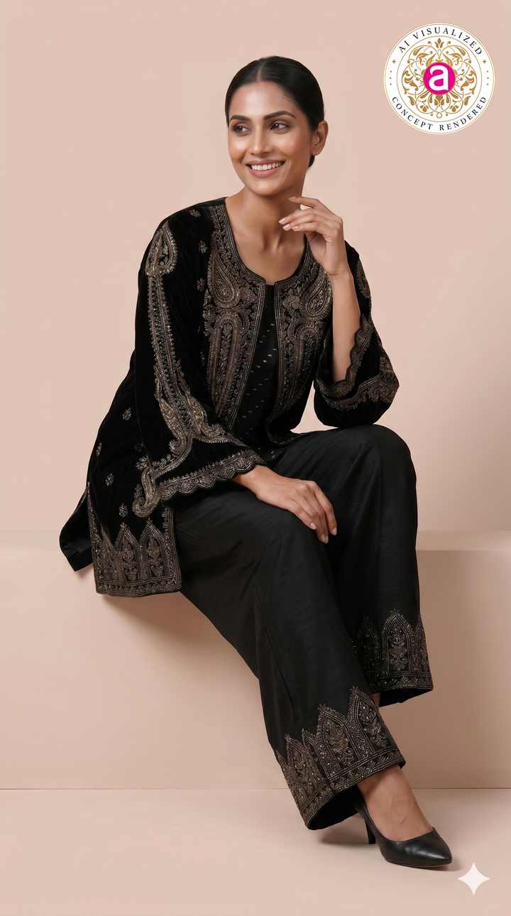 Midnight Black Embroidered Co-Ord Set with Jacket