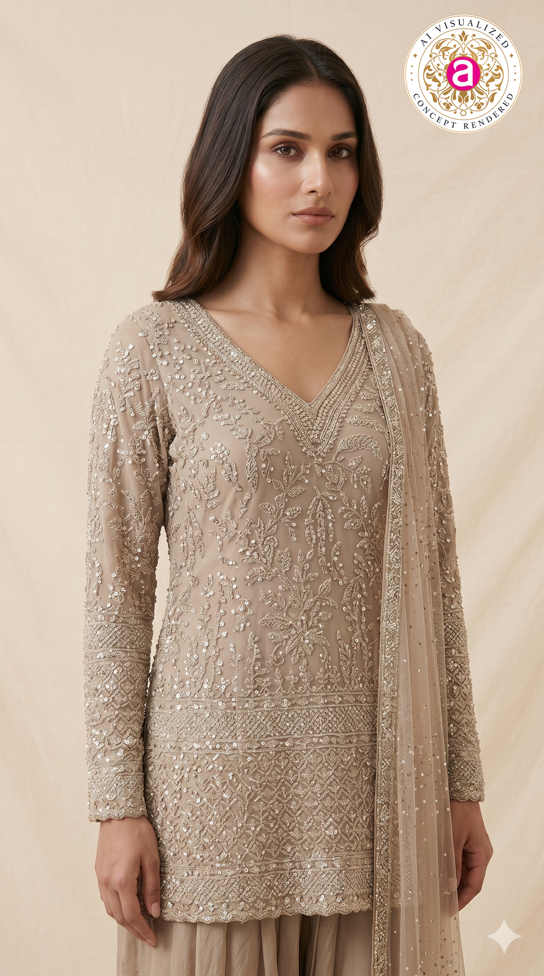 Taupe Beige Heavily Embroidered Kurta Set with Draped Dhoti Pants & Net Dupatta