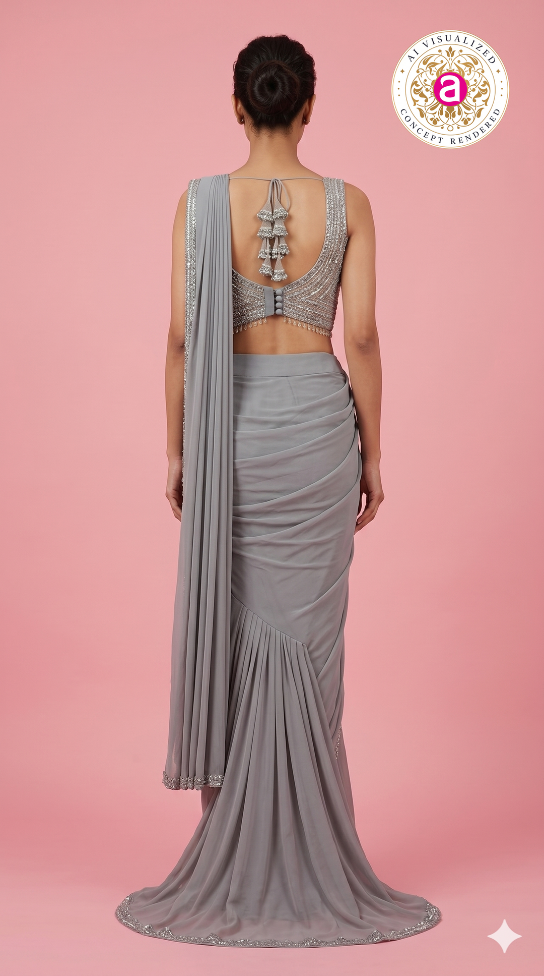 Steel Grey Ready-to-Wear Saree with Sequined Designer Blouse & Elegant Border