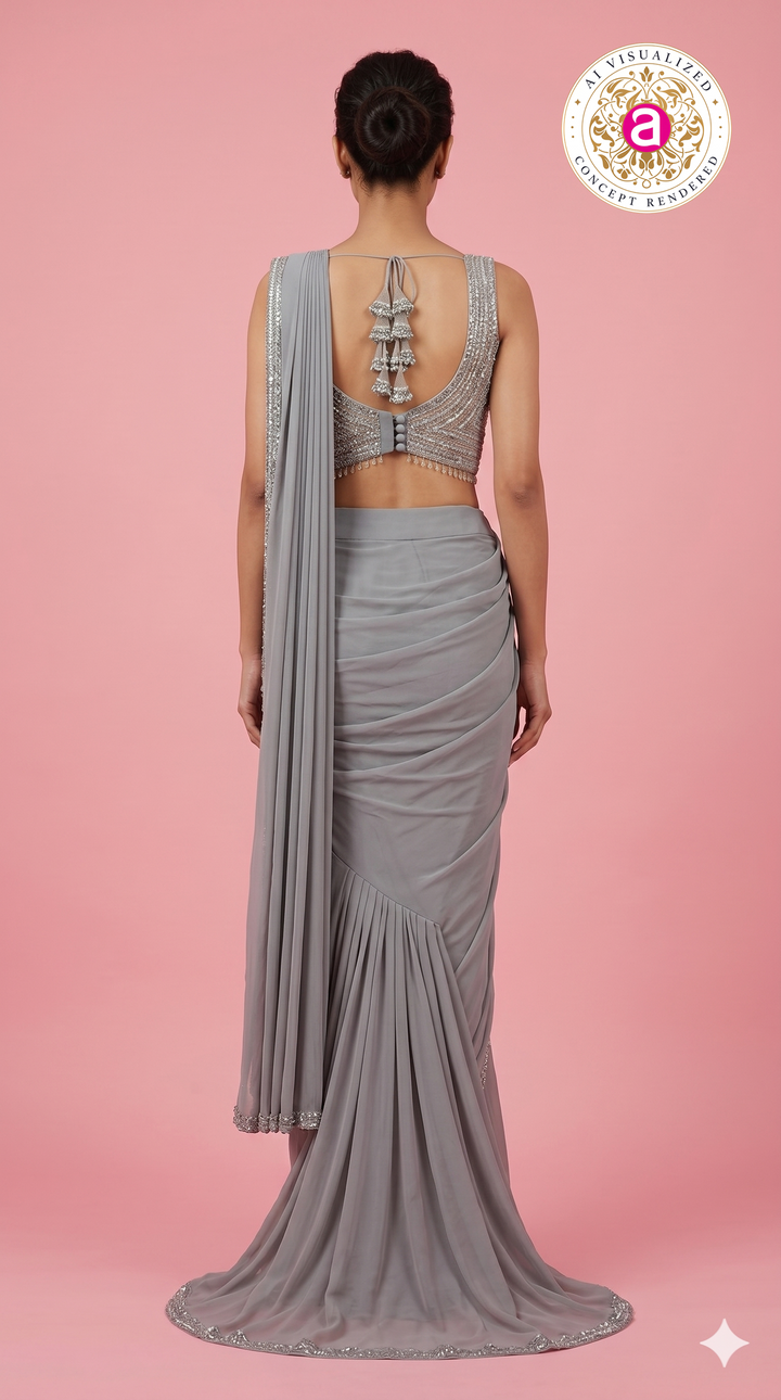 Steel Grey Ready-to-Wear Saree with Sequined Designer Blouse & Elegant Border