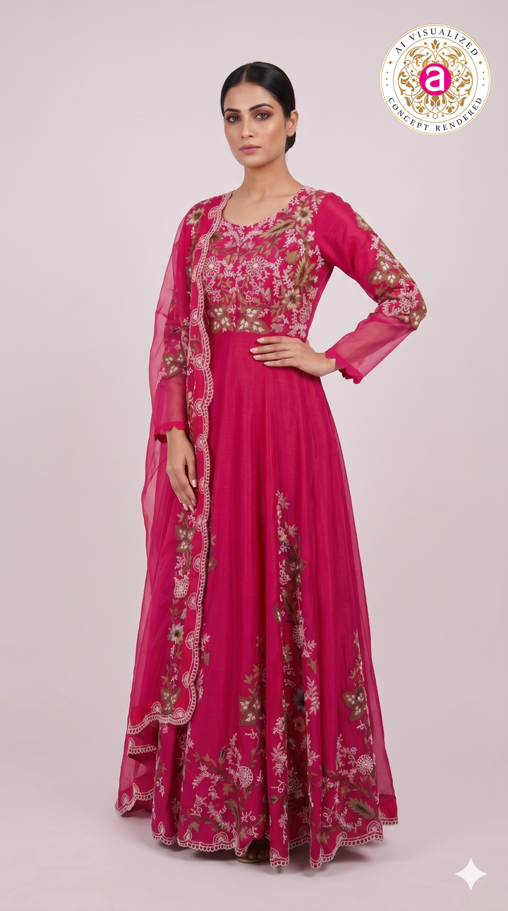 Rani Pink Floral Embroidered Anarkali Gown with Organza Dupatta