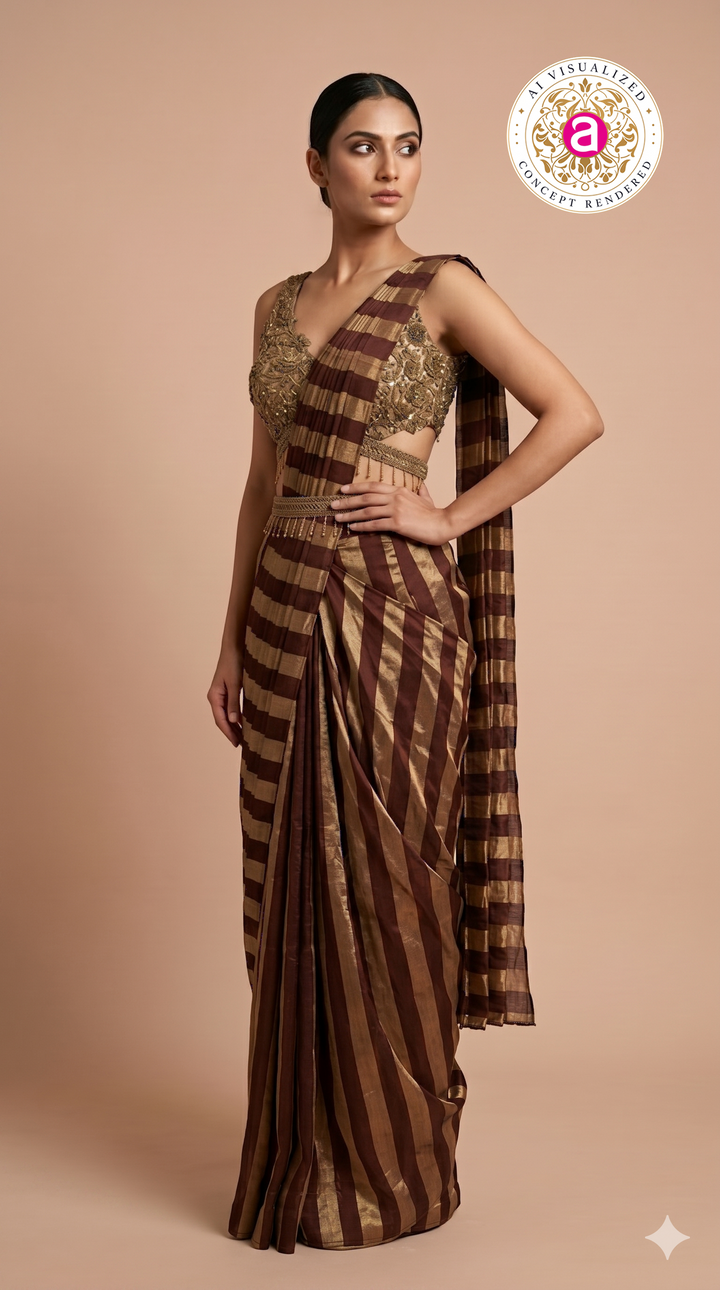 Wine Brown Ready to Wear Saree with Embellished Designer Blouse & Metallic Stripes