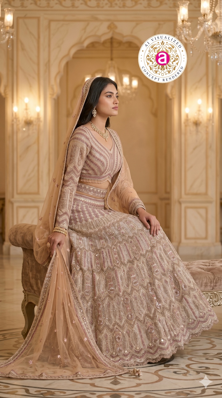 Champagne Beige Designer Lehenga Set with Intricate Embroidered Blouse and Net Dupatta