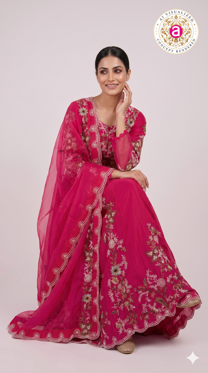 Rani Pink Floral Embroidered Anarkali Gown with Organza Dupatta