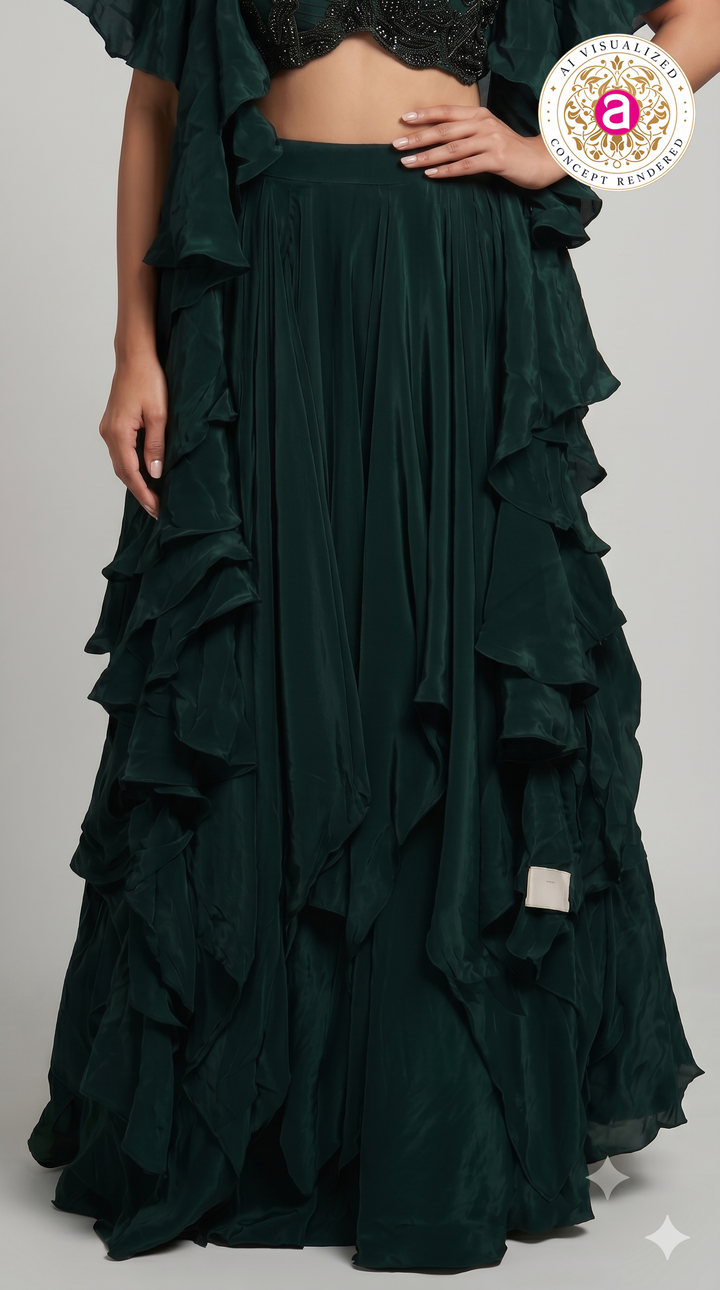 Emerald Green Ruffle Designer Lehenga Set with Embellished Blouse & Cape Jacket