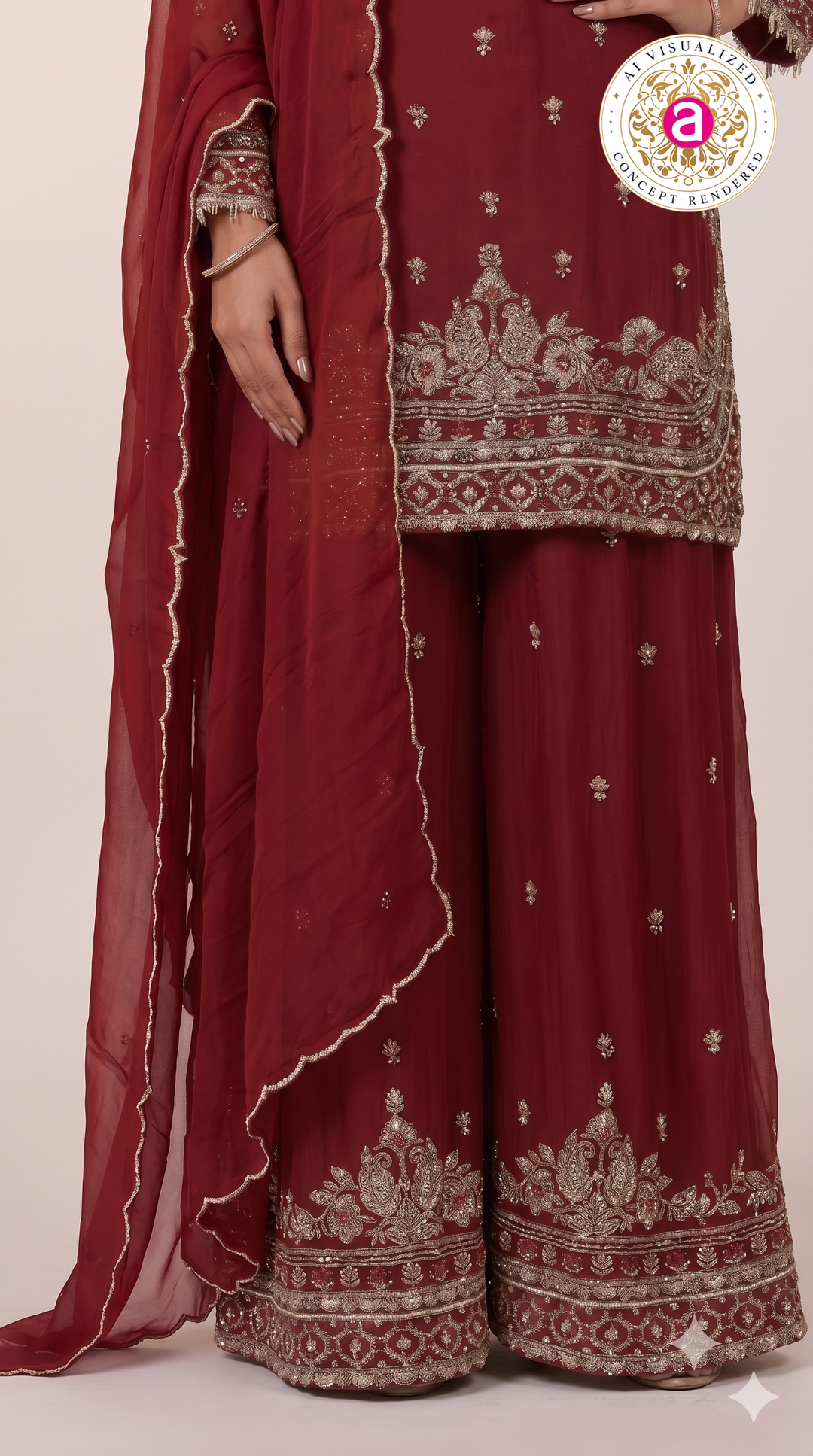 Wine Red Embroidered Kurta Sharara Set with Dupatta