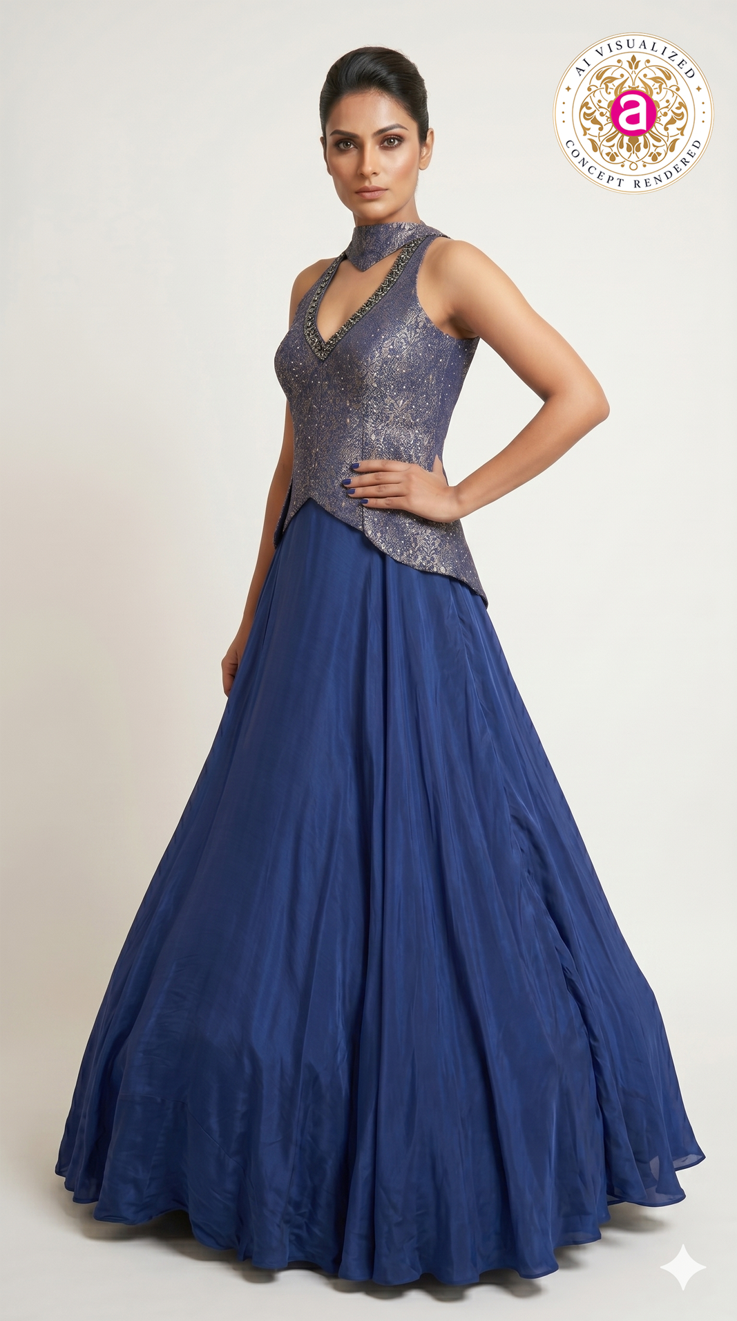 Royal Blue Designer Gown with Embroidered Halter Neck Bodice