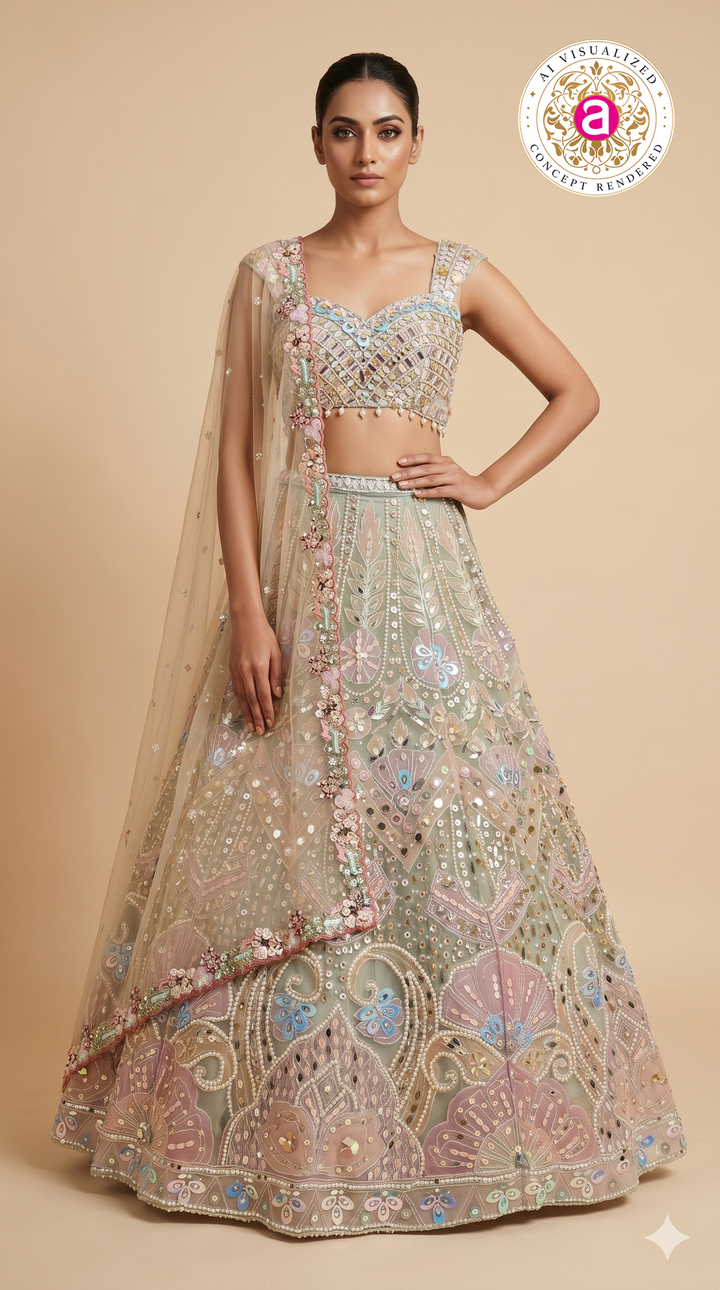 Pastel Sage Designer Lehenga Set with Mirror Embroidery & Floral Embellished Dupatta