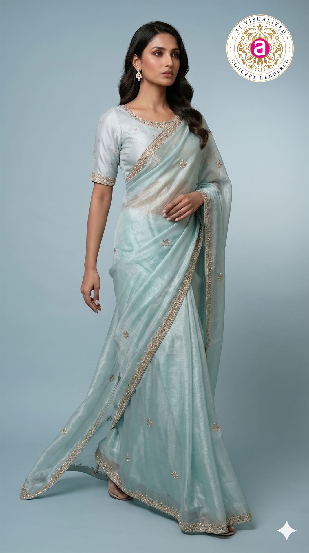 Sky Blue Hand-Embellished Designer Saree with Mirror Work Blouse