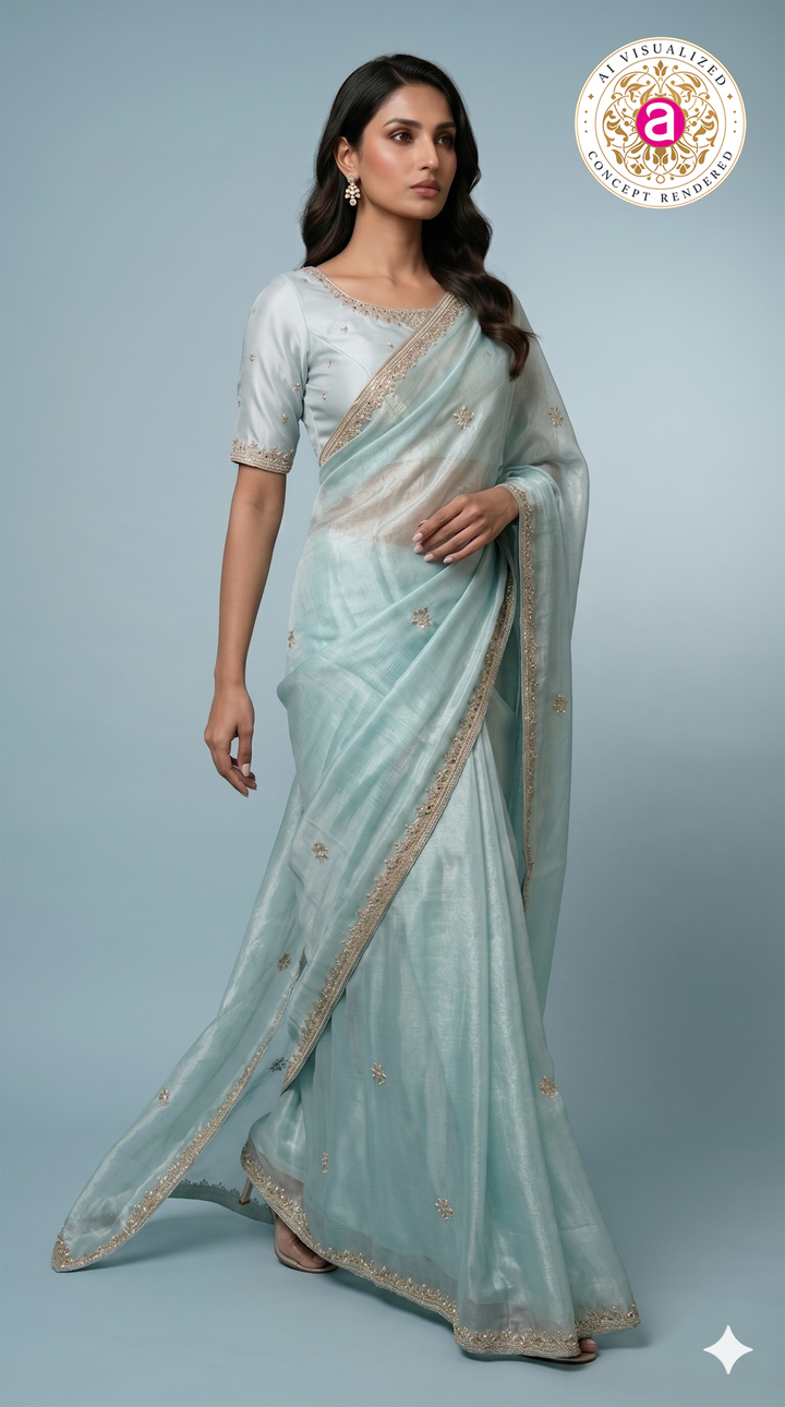 Sky Blue Hand-Embellished Designer Saree with Mirror Work Blouse