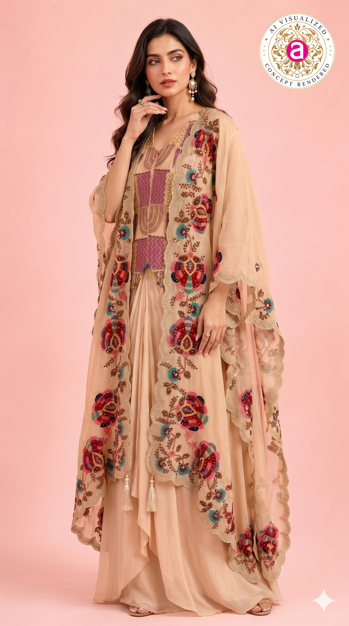 Peach Embroidered Palazzo Set with Handwork Cape Dupatta
