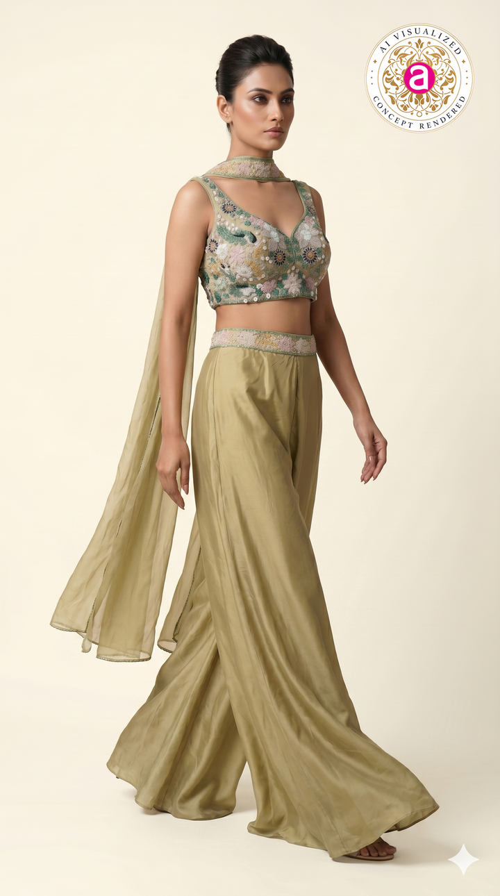 Sage Gold Embroidered Crop Top with Palazzo Pants & Cape Dupatta Set