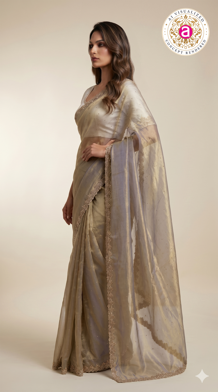 Champagne Grey Organza Saree with Hand Embroidered Border