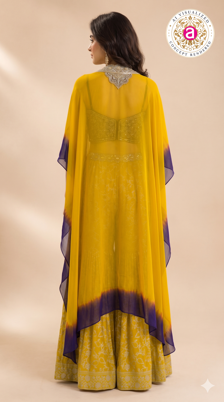 Mustard Yellow Printed Sharara Set with Embellished Cape Dupatta