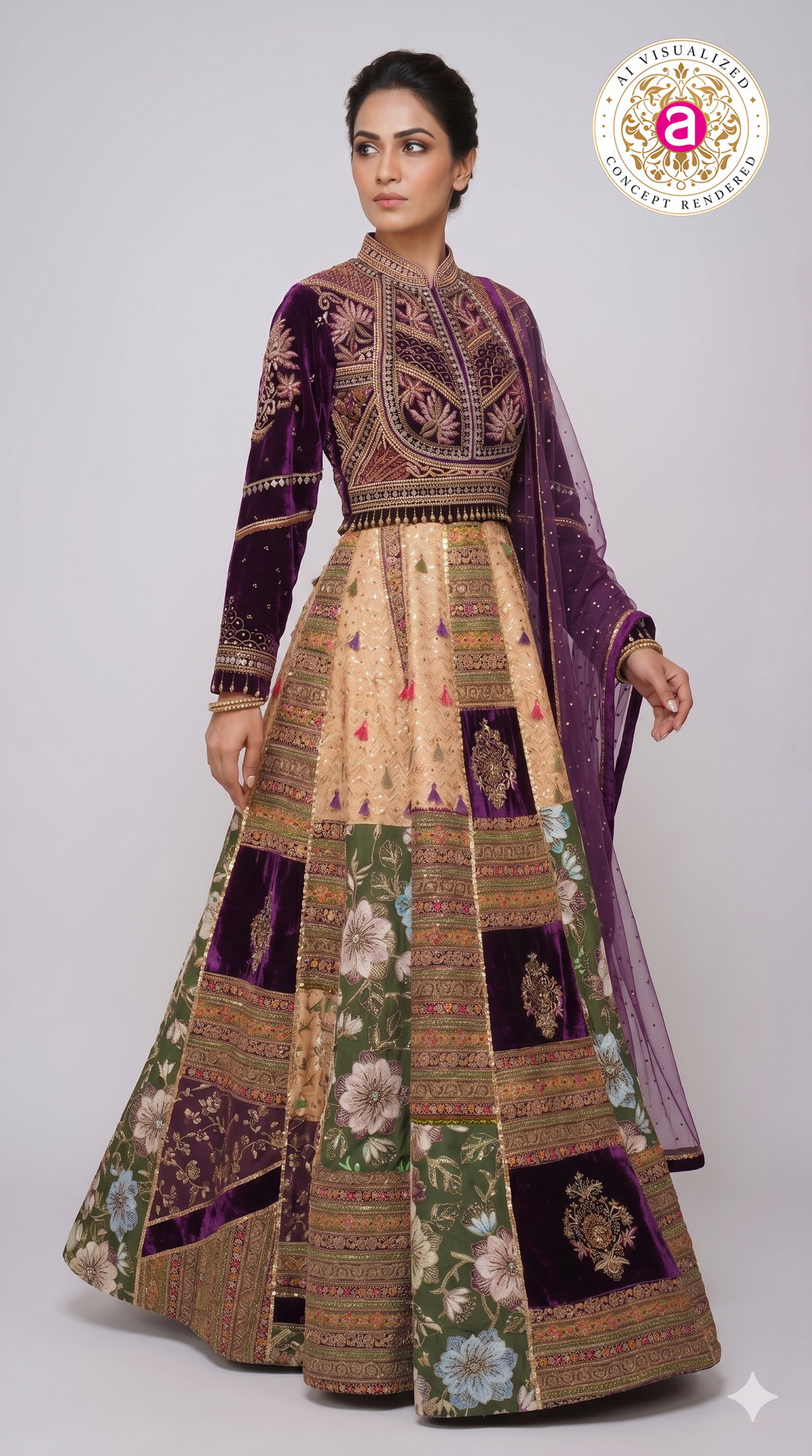 Royal Purple Velvet & Floral Panel Designer Lehenga Set with Embroidered Dupatta