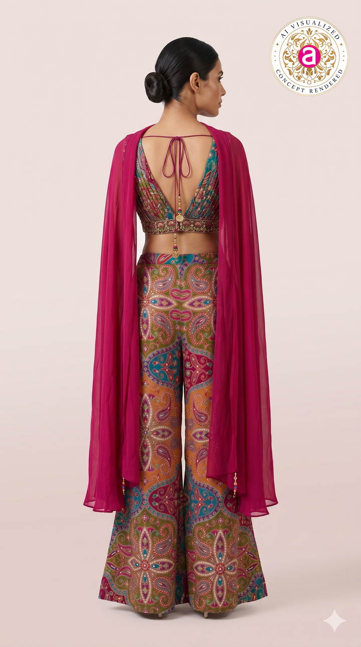 Multicolour Printed Crop Top & Palazzo Co-ord Set with Cape Dupatta