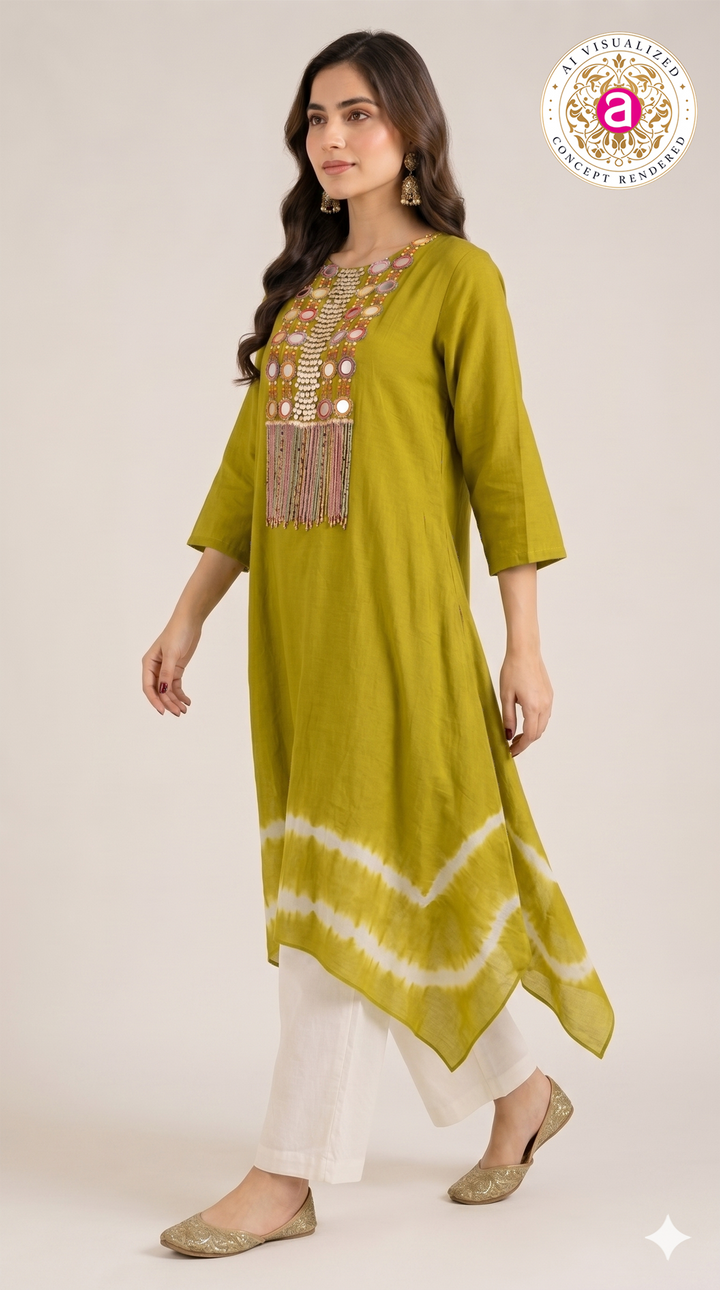 Olive Green Tie-Dye Handwork Kurti with Palazzo Set