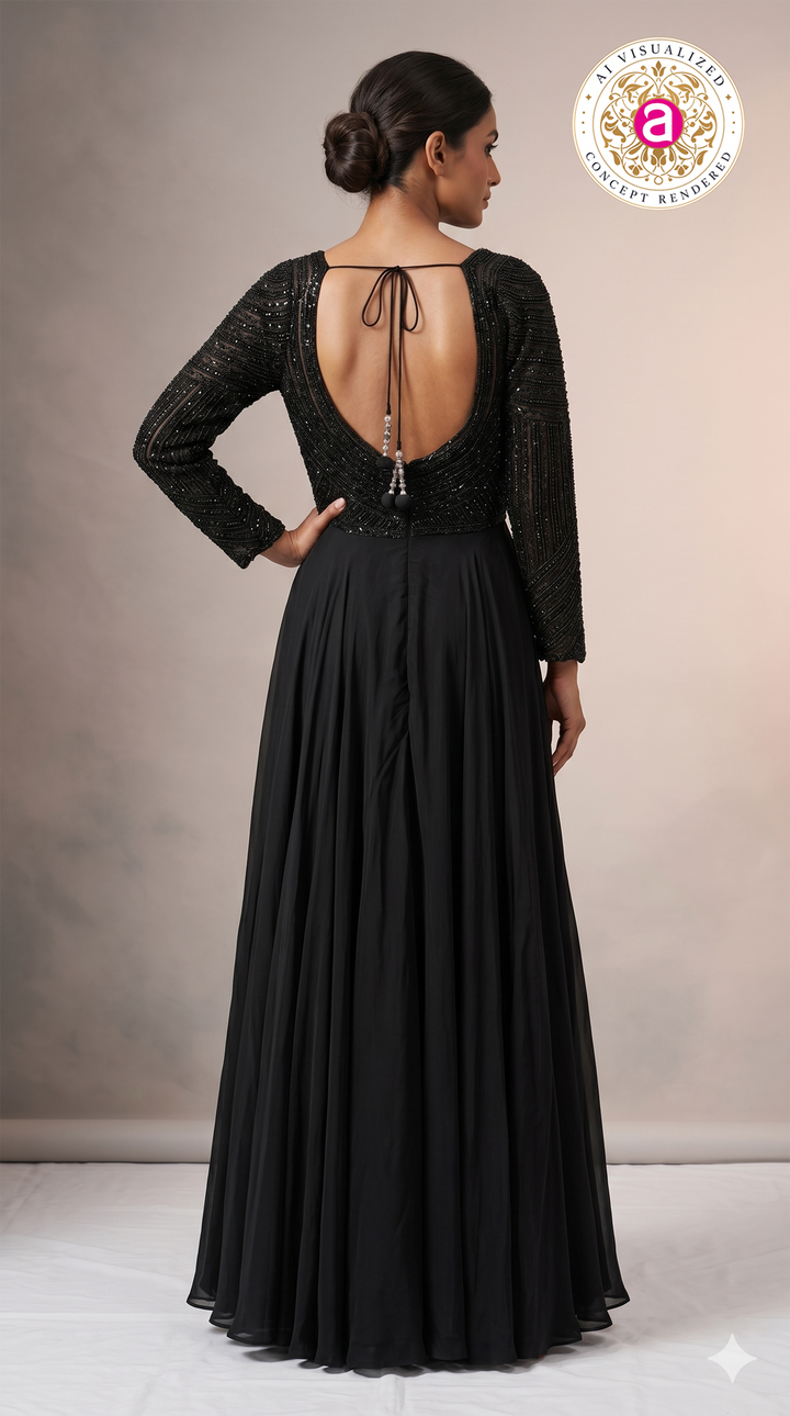 Midnight Black Hand Embellished Evening Gown