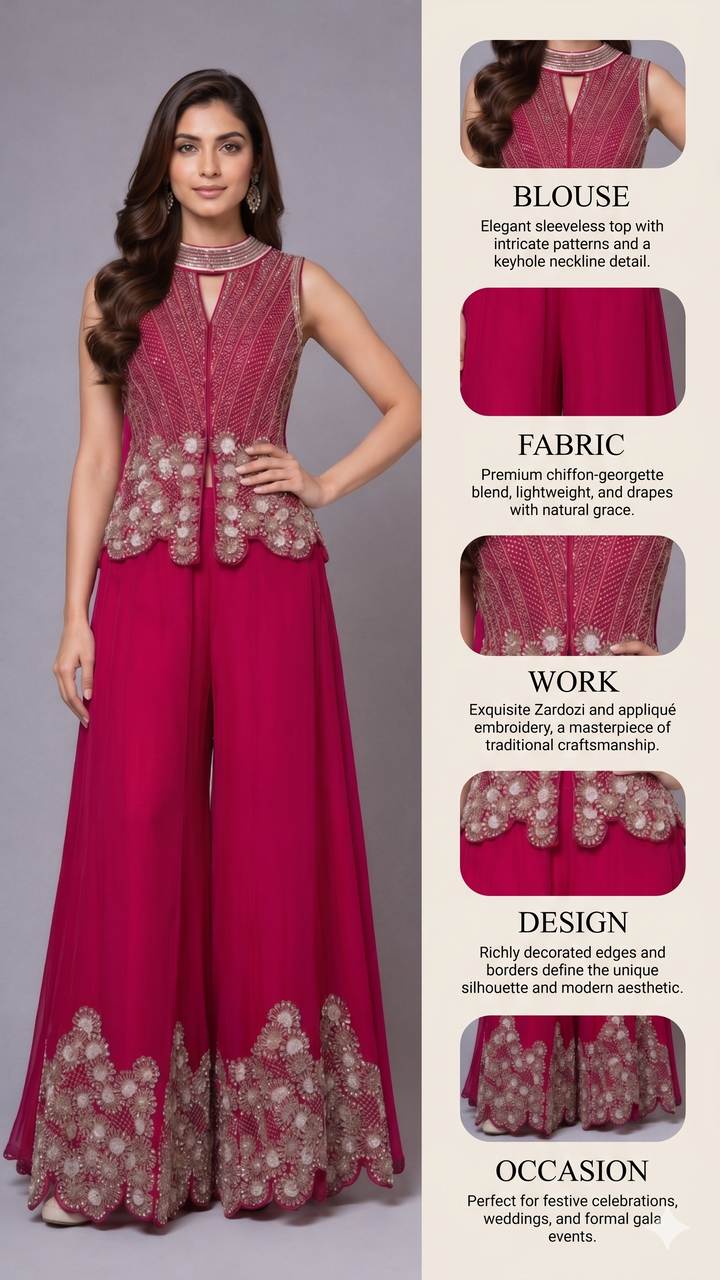 Rani Pink Embroidered Palazzo Set with Statement Jacket Top
