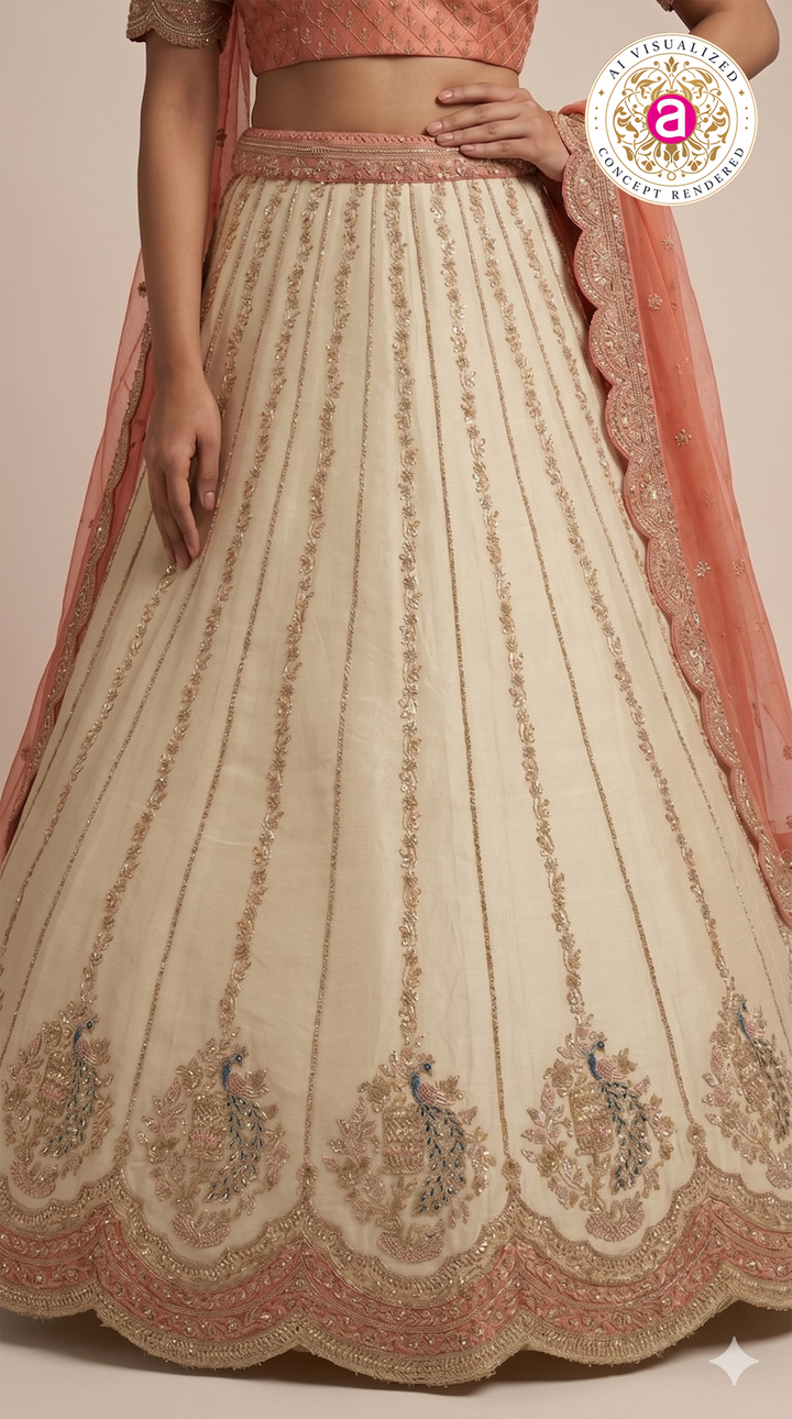 Ivory White & Blush Peach Designer Embroidered Lehenga Set with Organza Dupatta