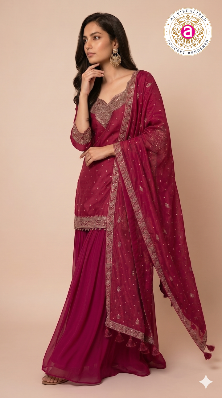 Fuchsia Pink Embroidered Kurta Sharara Set with Dupatta