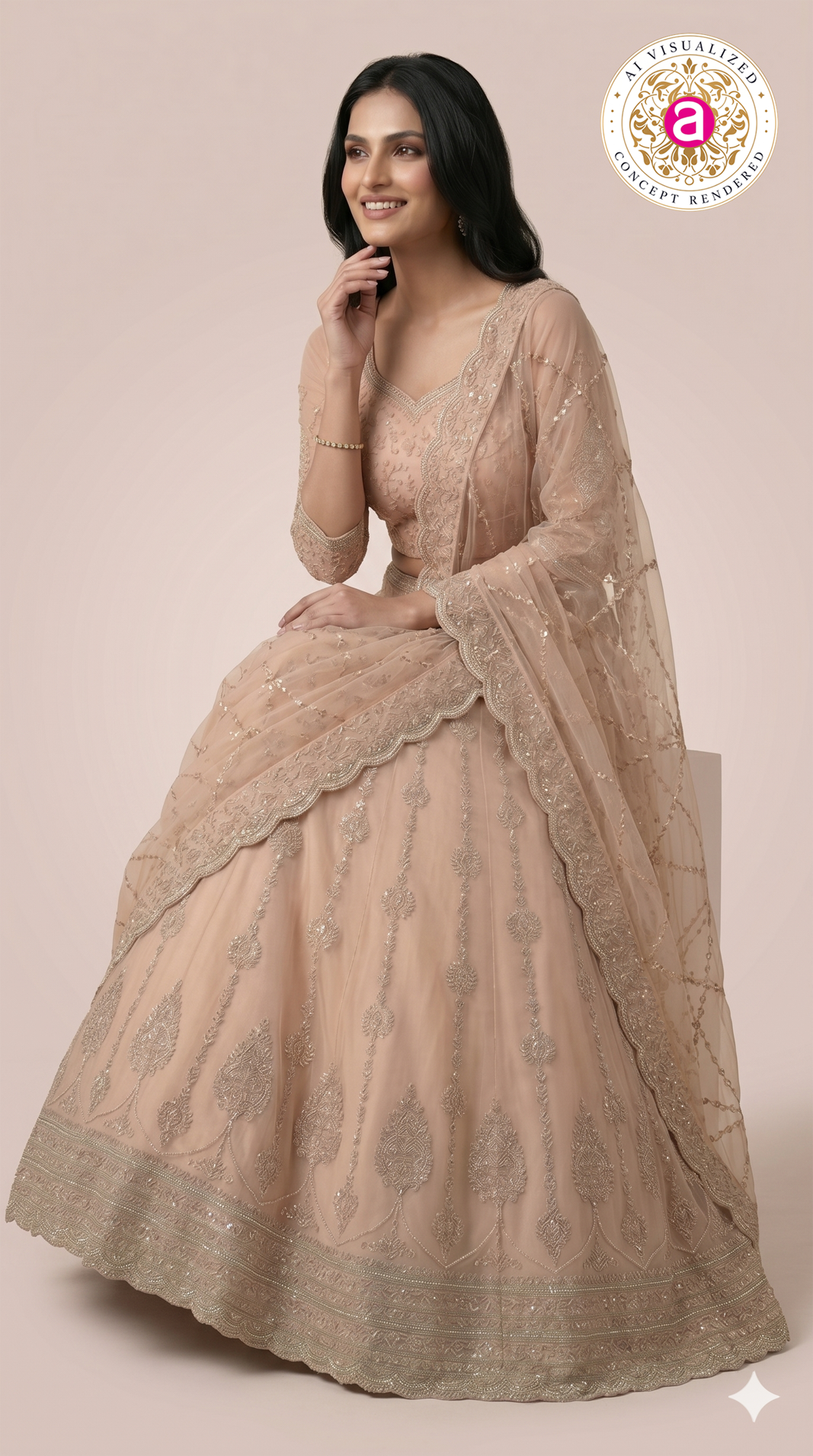 Blush Beige Designer Lehenga Set with Heavy Sequin Embroidery & Net Dupatta
