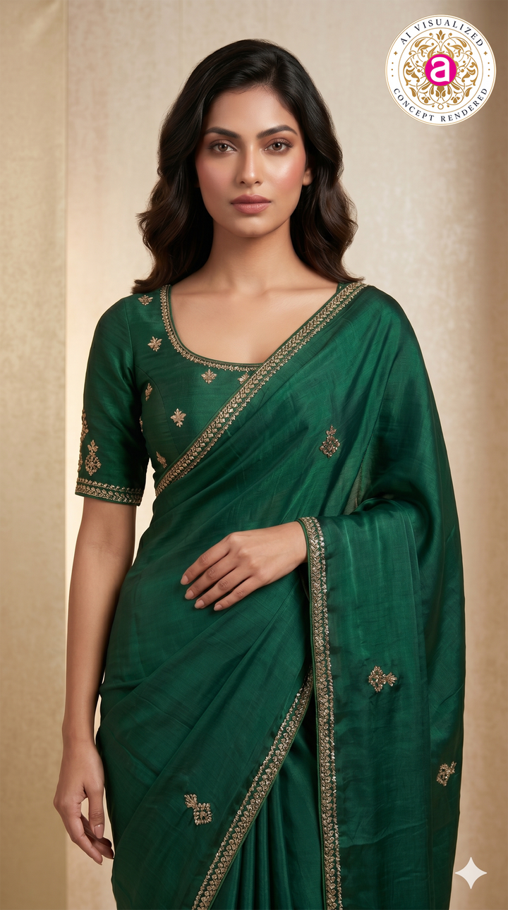 Emerald Green Hand-Embellished Designer Saree with Mirror Work Blouse