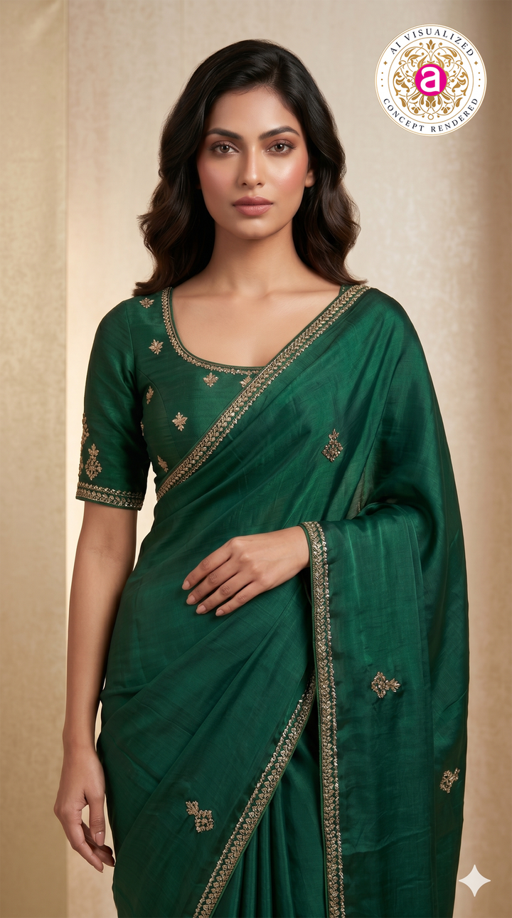 Emerald Green Hand-Embellished Designer Saree with Mirror Work Blouse