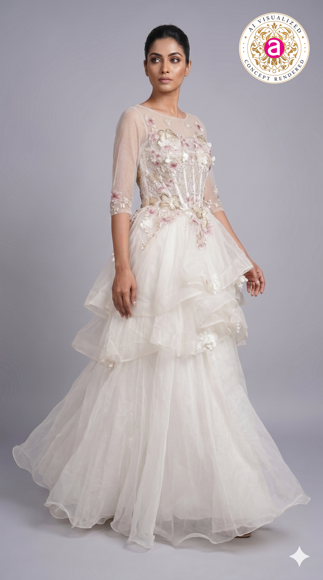 Ivory Floral Appliqué Layered Couture Ball Gown