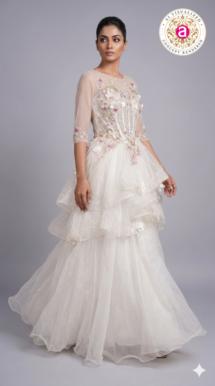 Ivory Floral Appliqué Layered Couture Ball Gown