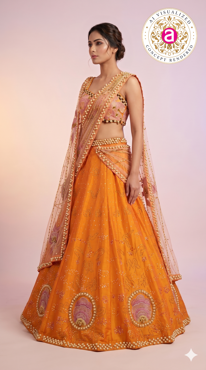 Sunset Orange & Blush Pink Embroidered Designer Lehenga Choli with Net Dupatta