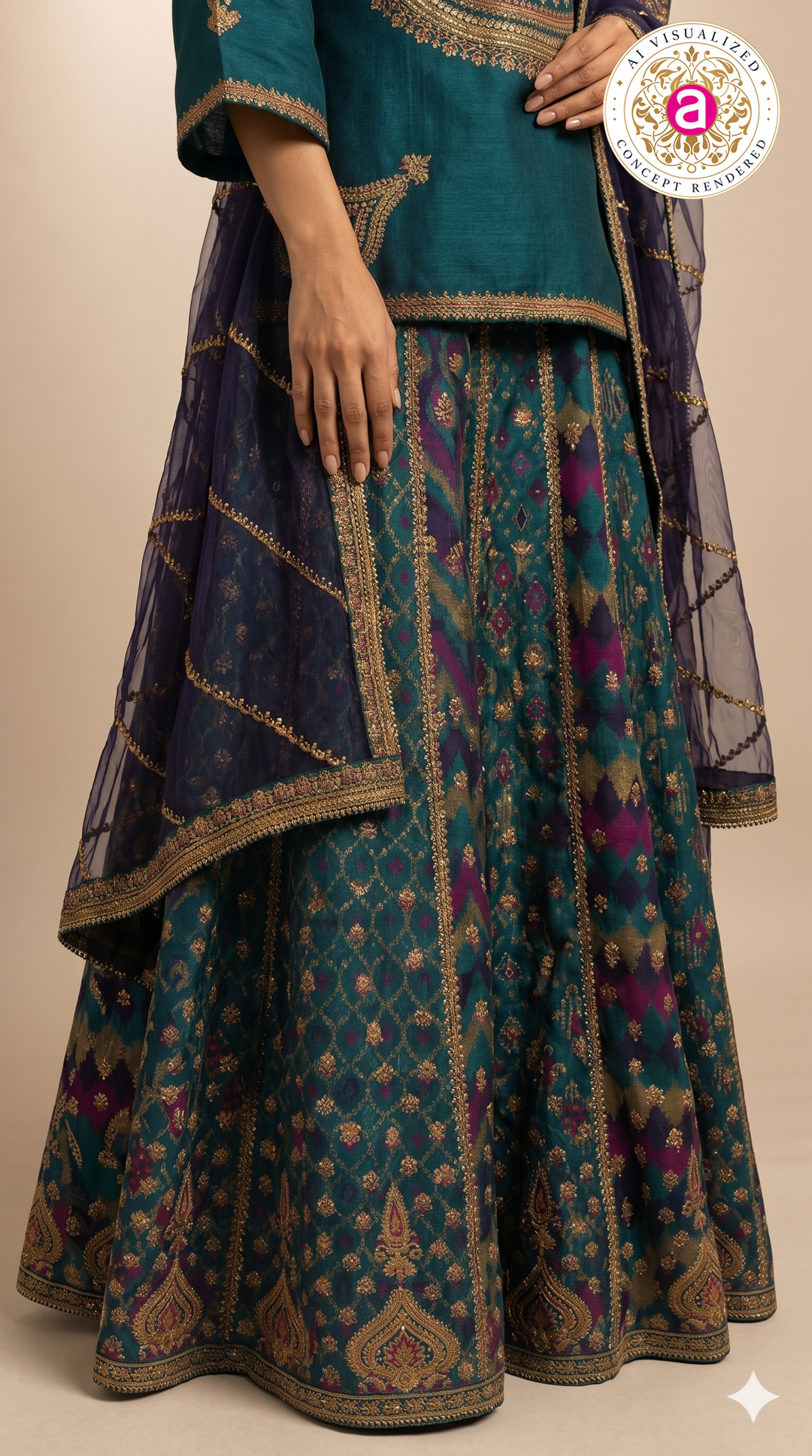 Teal Blue Indo-Western Sharara Set with Embroidered Kurti & Organza Dupatta