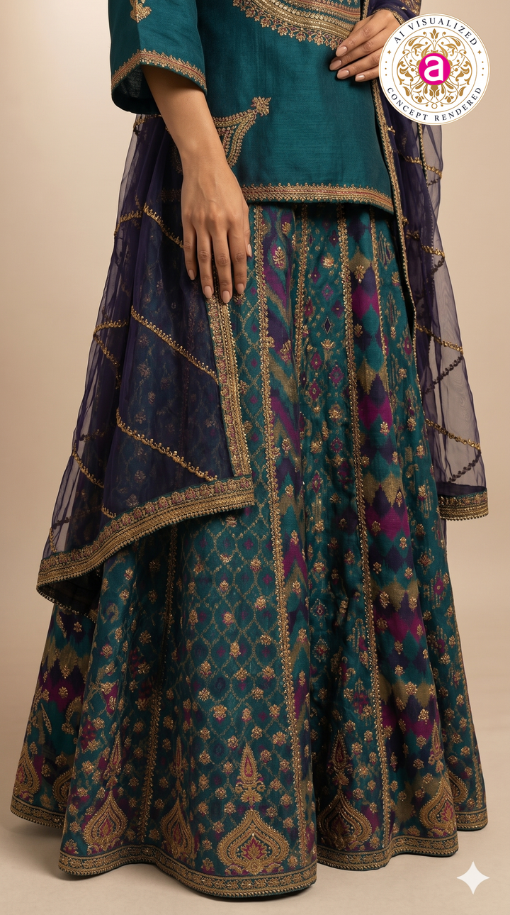 Teal Blue Indo-Western Sharara Set with Embroidered Kurti & Organza Dupatta