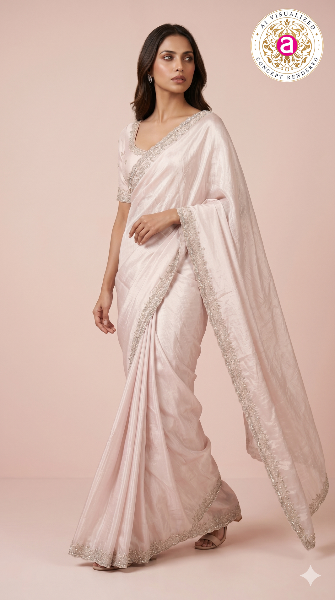 Blush Pink Hand-Embellished Designer Saree with Mirror Work Border