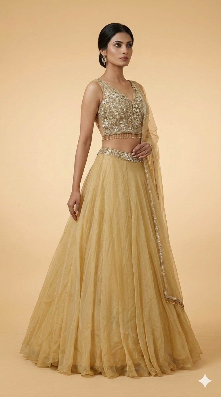 Champagne Gold Designer Lehenga Set with Embellished Blouse & Sheer Organza Dupatta