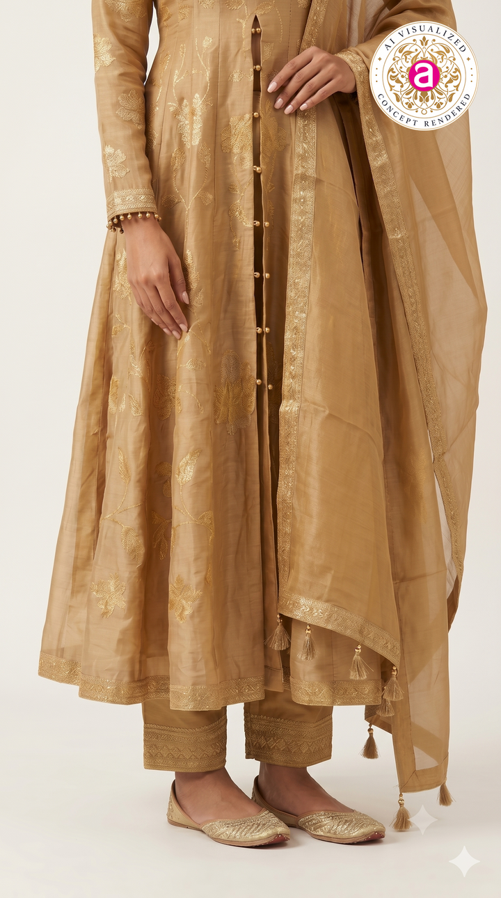 Golden Beige Floral Woven Anarkali Suit Set