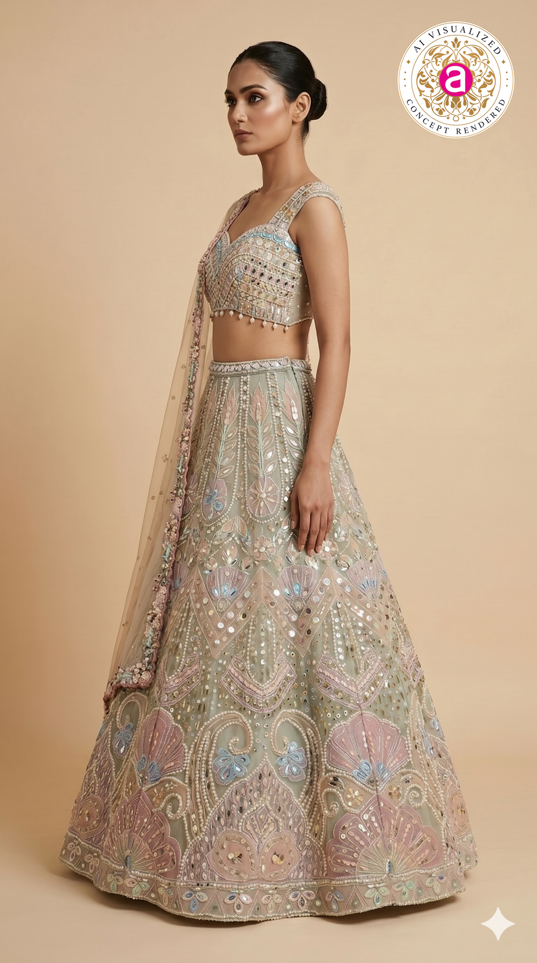 Pastel Sage Designer Lehenga Set with Mirror Embroidery & Floral Embellished Dupatta