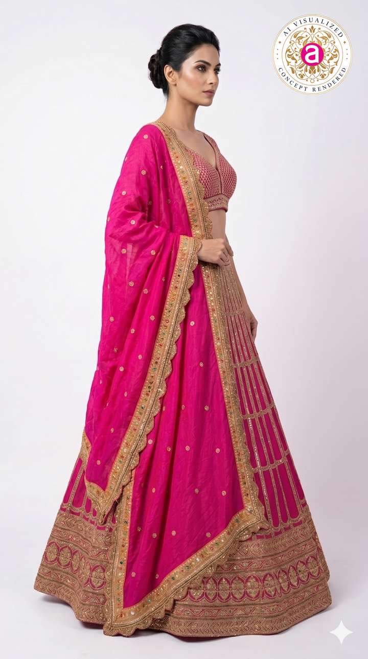 Rani Pink Embroidered Lehenga Choli with Zari Work & Dupatta