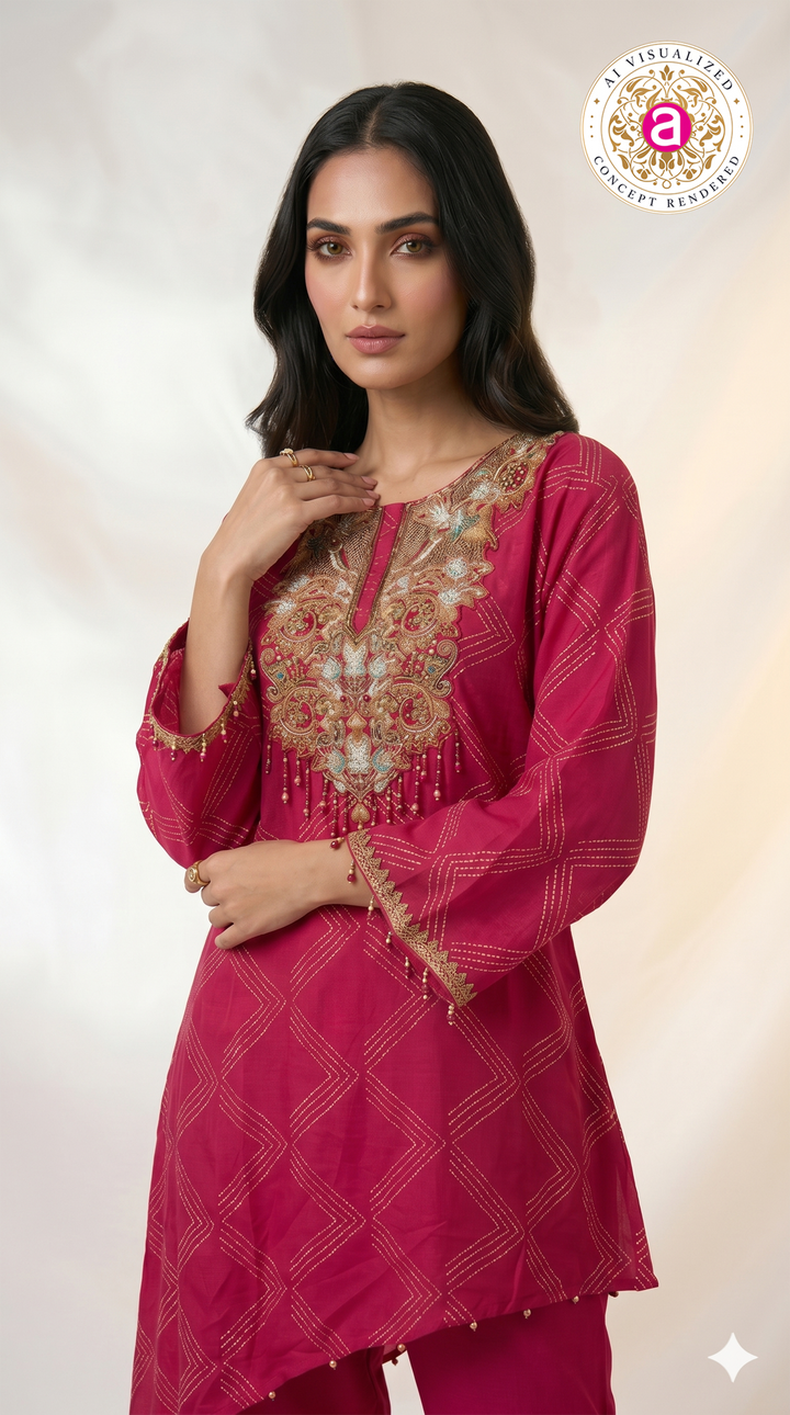 Rani Pink Embroidered Asymmetric Co-ord Set