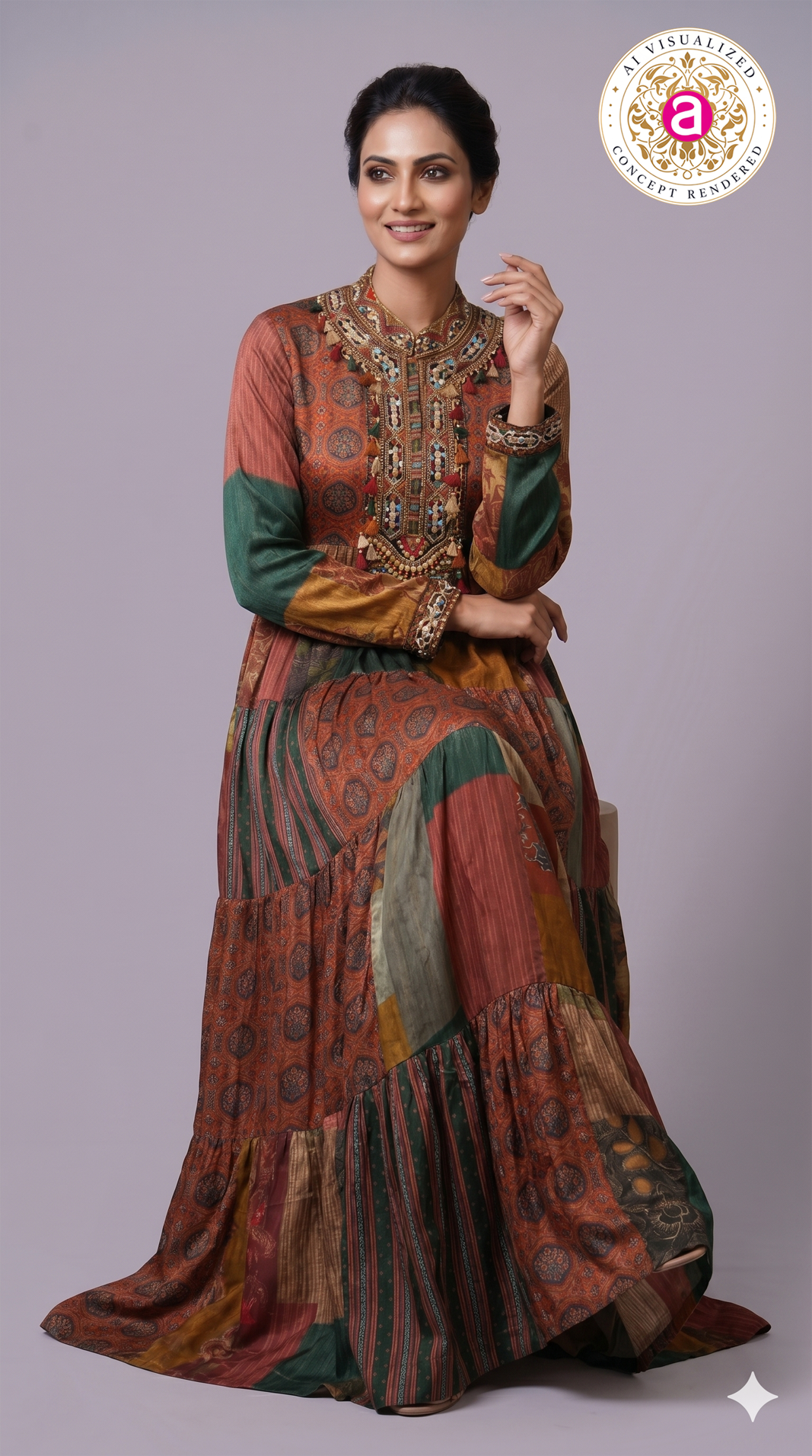 Multicolour Patchwork Printed Tiered Maxi Dress with Statement Embellished Neckline