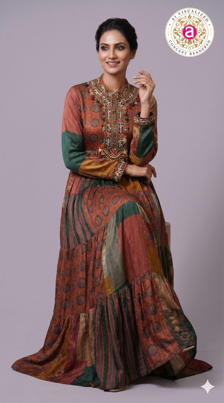 Multicolour Patchwork Printed Tiered Maxi Dress with Statement Embellished Neckline