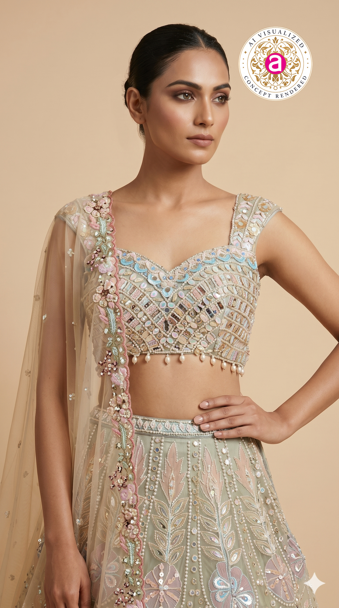 Pastel Sage Designer Lehenga Set with Mirror Embroidery & Floral Embellished Dupatta