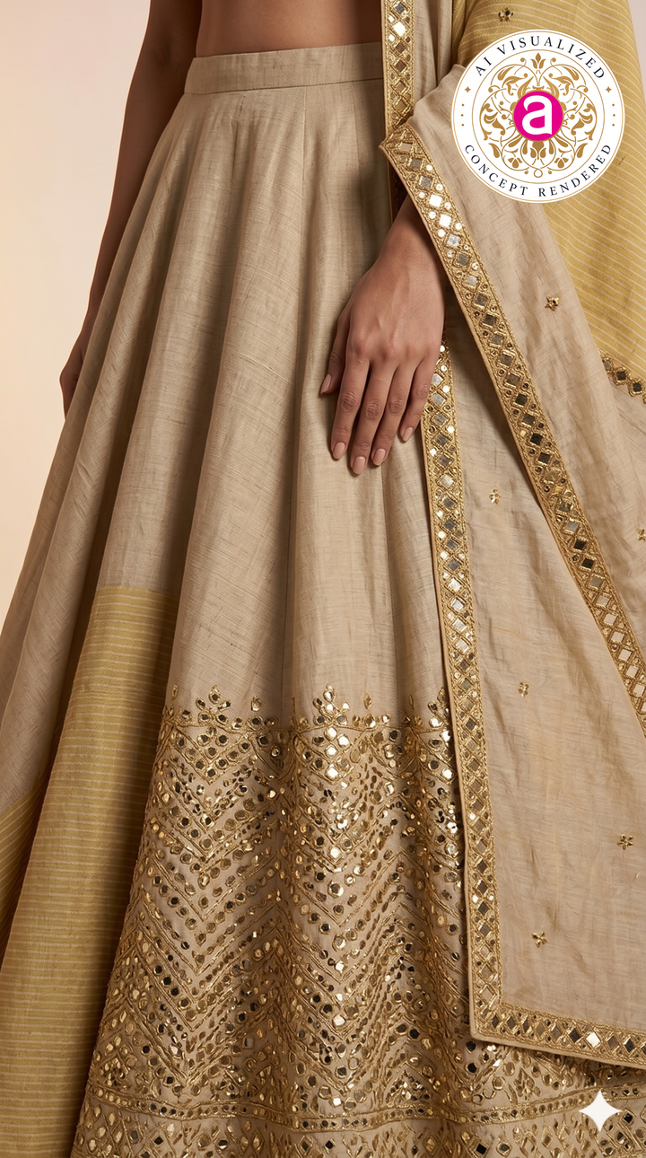 Elegant Beige & Gold Minimal Designer Lehenga Choli with Embellished Blouse & Dupatta