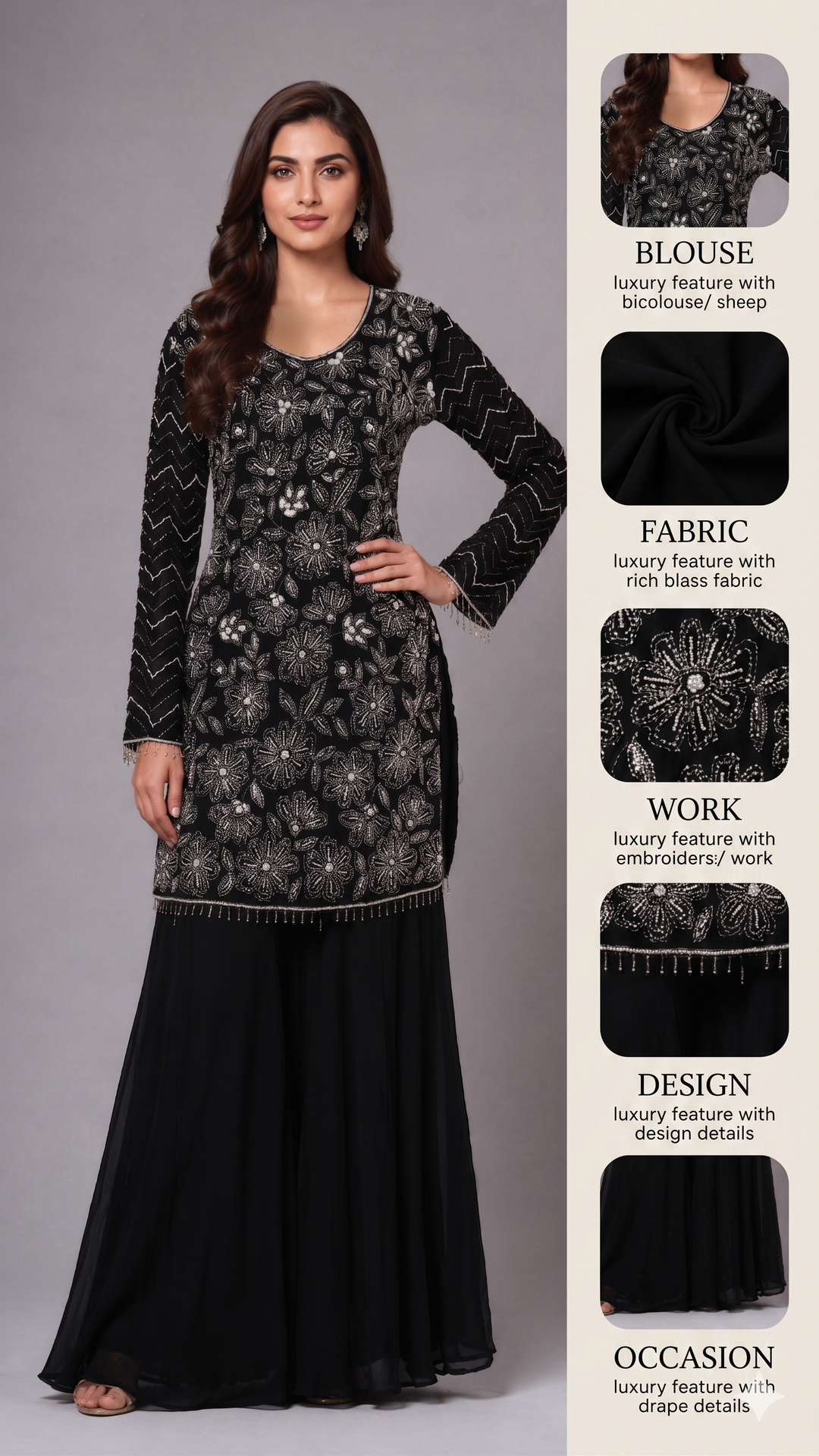 Black Embroidered Kurta Sharara Set