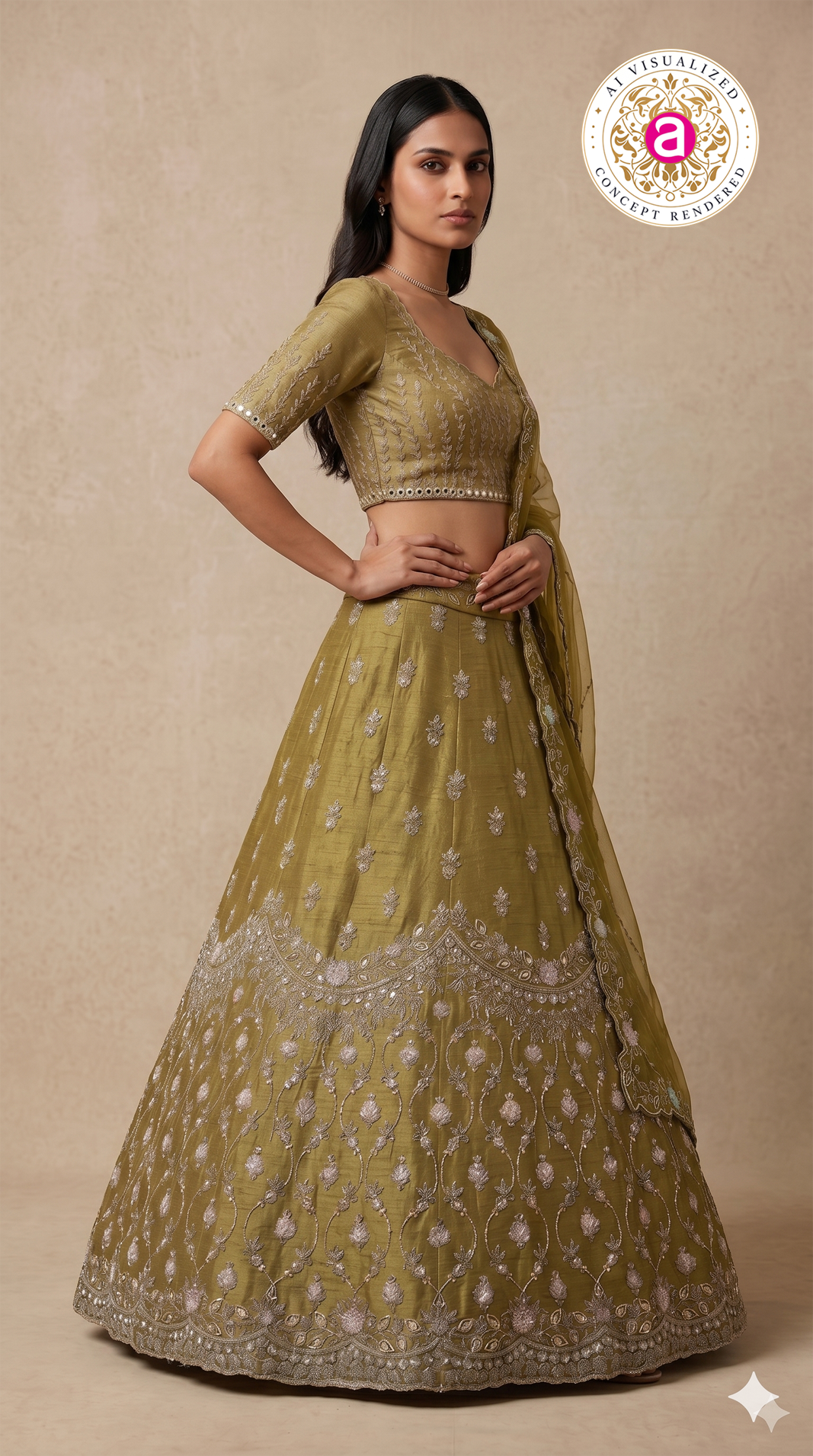 Olive Green Embroidered Designer Lehenga Set with Organza Dupatta