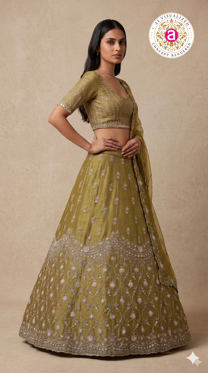 Olive Green Embroidered Designer Lehenga Set with Organza Dupatta