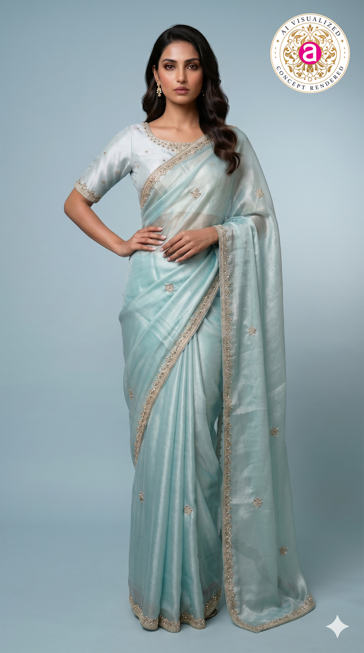 Sky Blue Hand-Embellished Designer Saree with Mirror Work Blouse